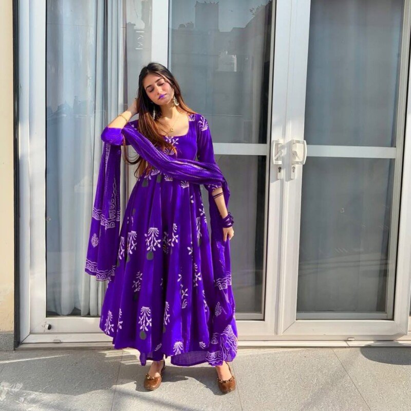 Beautiful Purple Cotton Hand Block Printed Anarkali 3p Suit