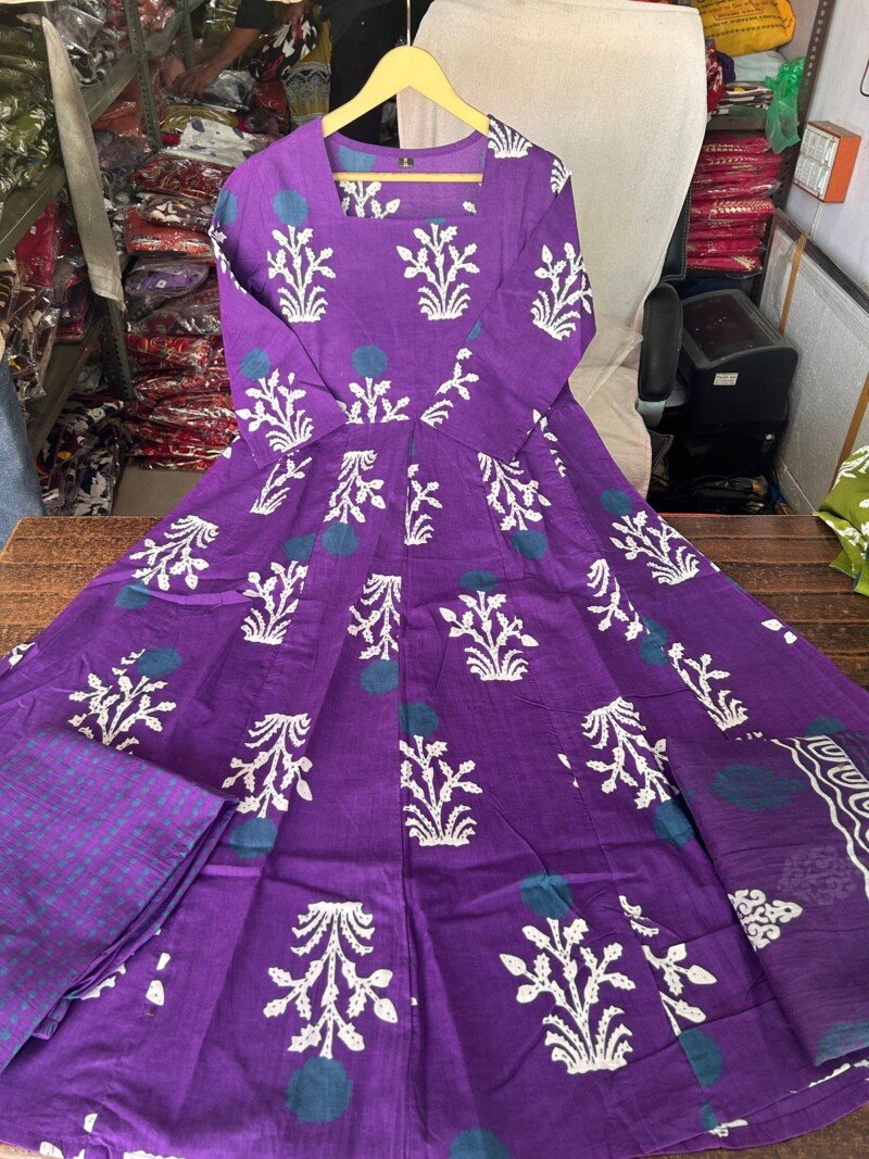 Beautiful Purple Cotton Hand Block Printed Anarkali 3p Suit - Image 5
