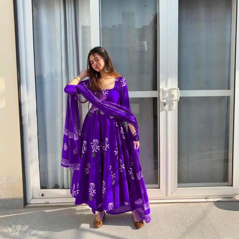 Beautiful Purple Cotton Hand Block Printed Anarkali 3p Suit - Image 3