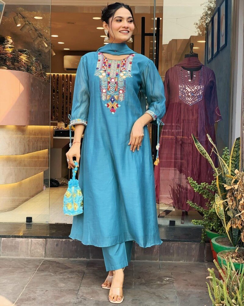 Beautiful Embroidered Chanderi 3 Piece Suit Readymade - Image 3