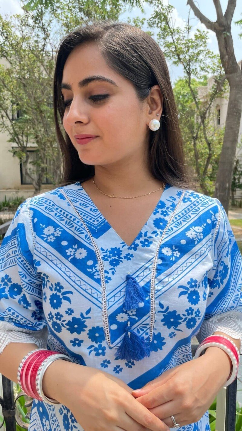 Beautiful  Cotton Handblock Printed Kurti Pant Set Readymade - Image 5