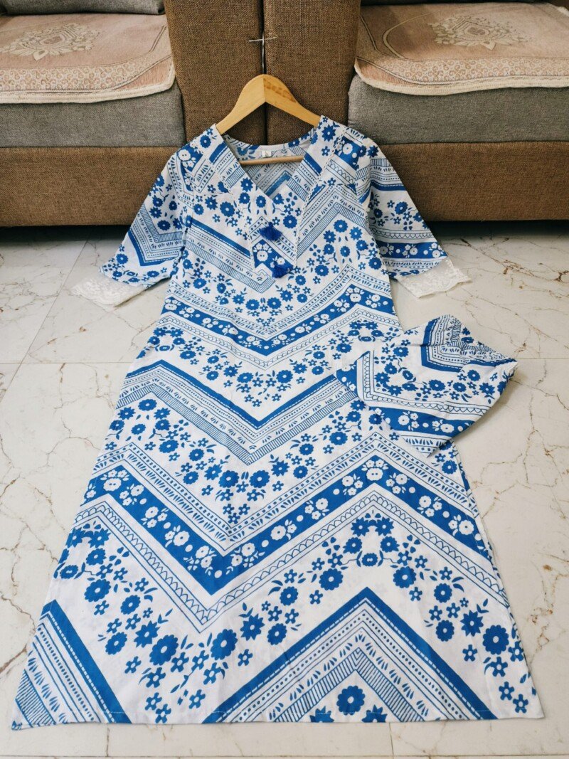 Beautiful  Cotton Handblock Printed Kurti Pant Set Readymade - Image 7