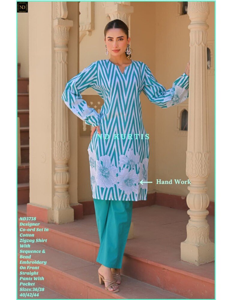 Beautiful  Cotton ZigZag Printed  Kurti Pant Set Readymade - Image 2