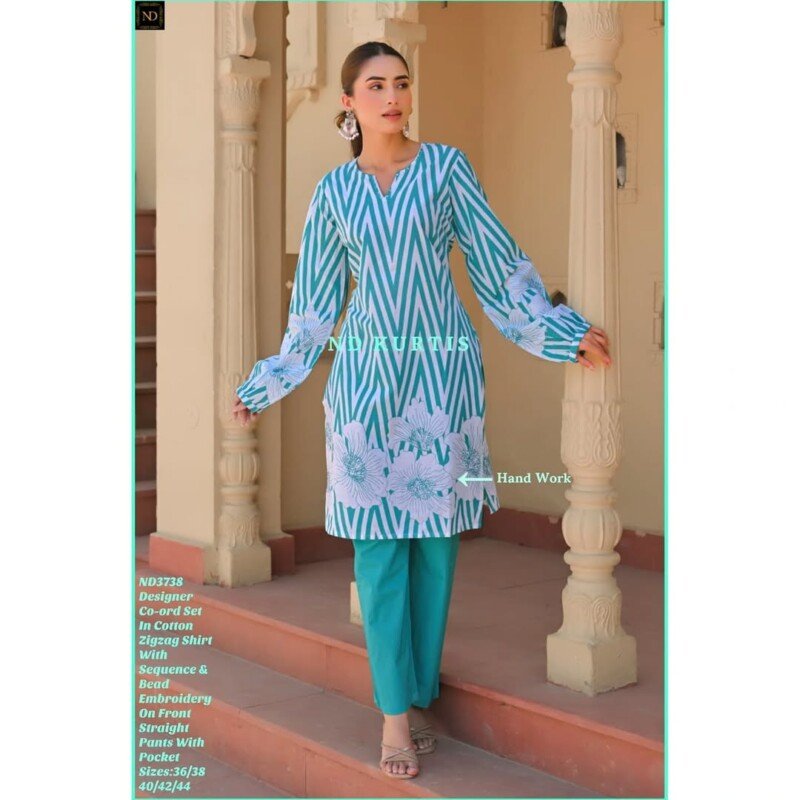 Beautiful  Cotton ZigZag Printed  Kurti Pant Set Readymade - Image 4