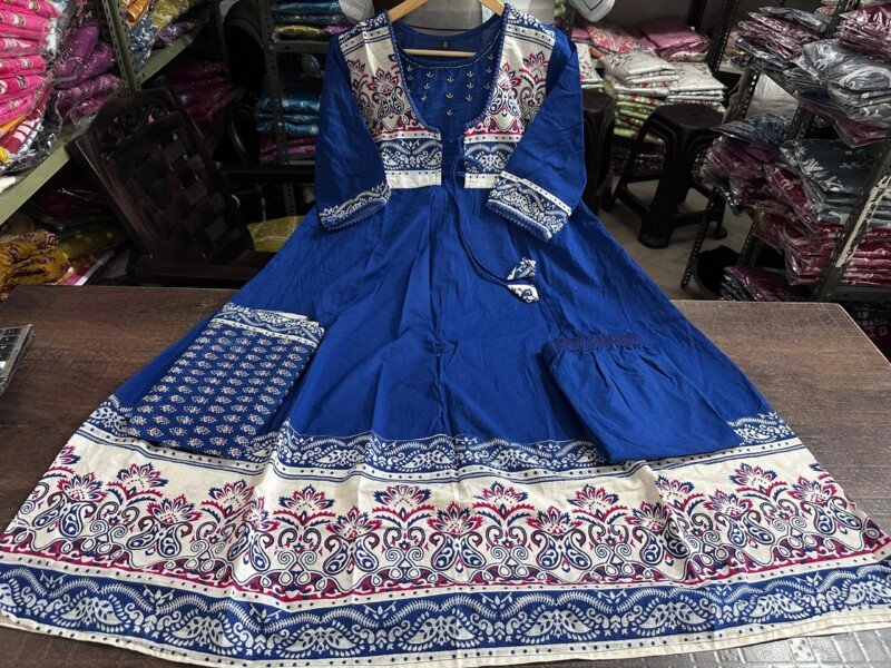 Indian Traditional Summer Wear 3P Cotton Anarkali Suit Readymade - Image 6