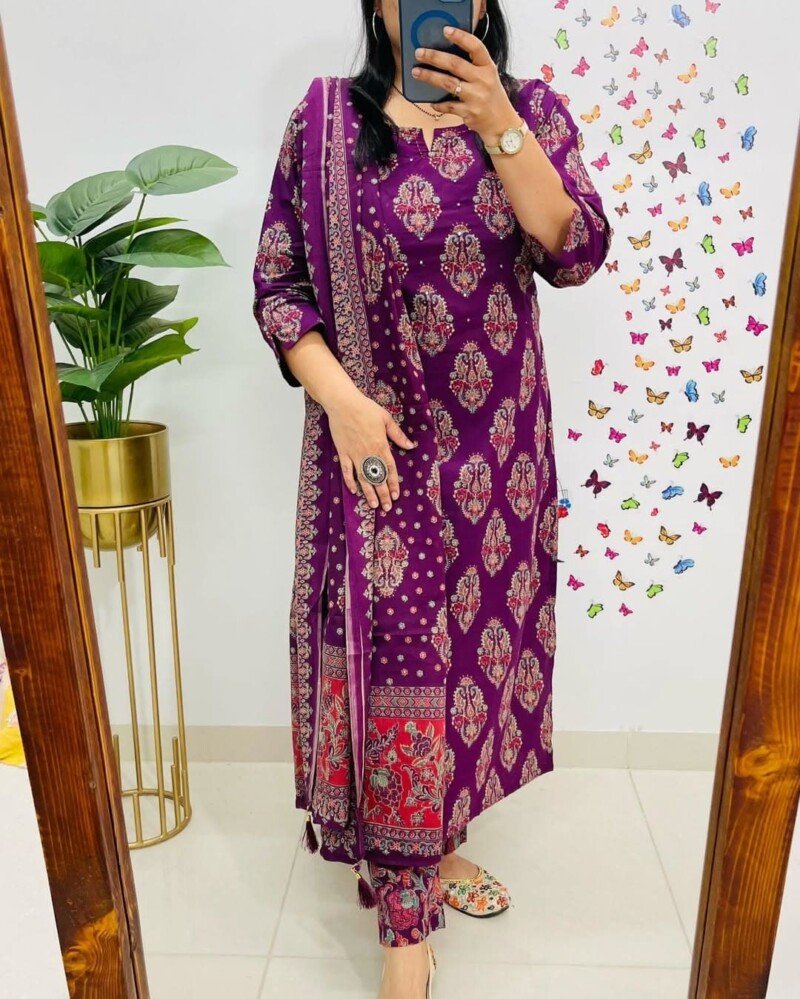 Beautiful Cotton Printed Kurti Pant Dupatta Suit Readymade
