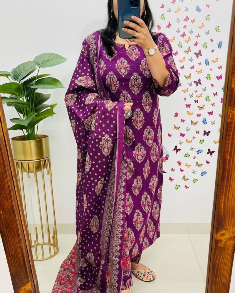 Beautiful Cotton Printed Kurti Pant Dupatta Suit Readymade - Image 2