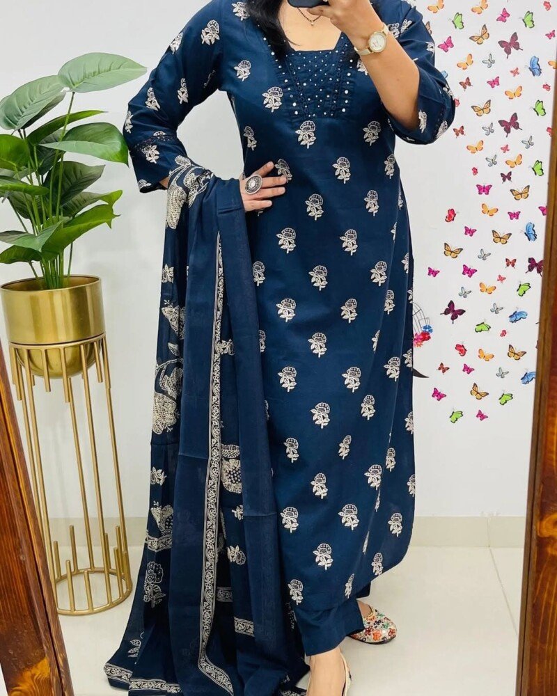 Beautiful Blue cotton Printed 3Piece Kurta set Readymade - Image 2