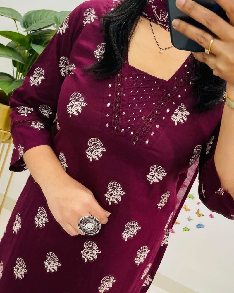 Beautiful Wine cotton Printed 3Piece Kurta set Readymade - Image 4