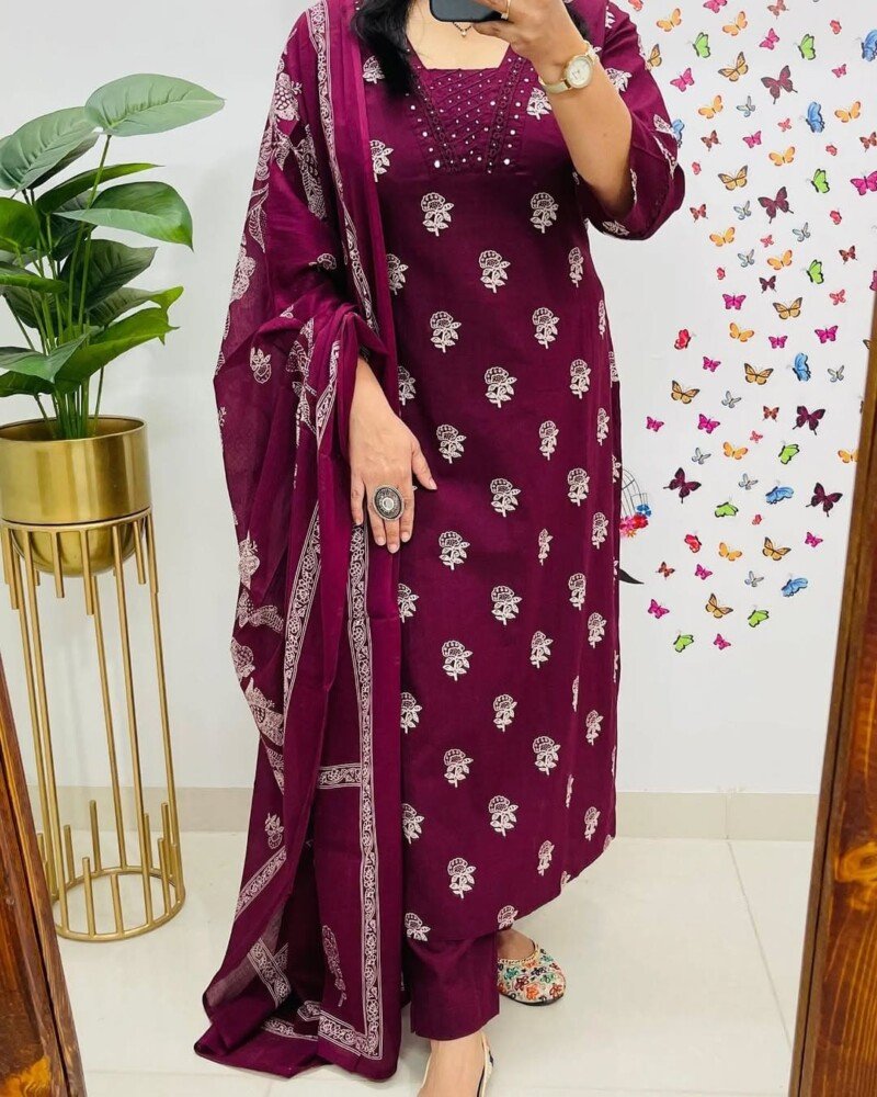 Beautiful Wine cotton Printed 3Piece Kurta set Readymade - Image 3