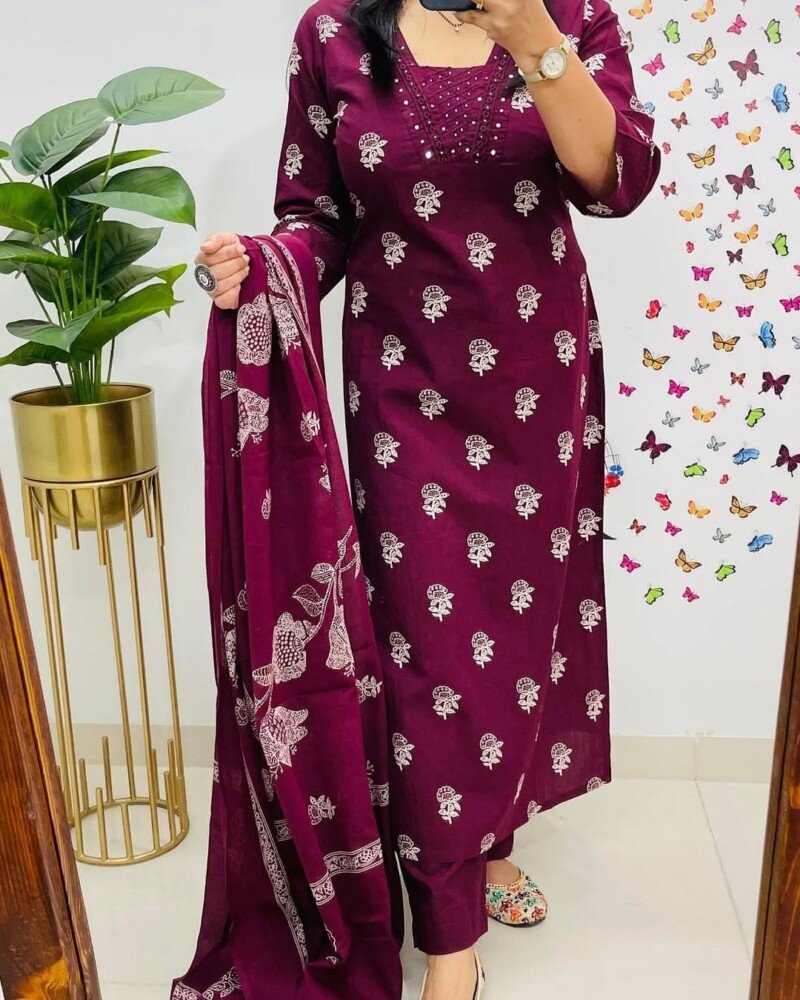 Beautiful Wine cotton Printed 3Piece Kurta set Readymade - Image 2