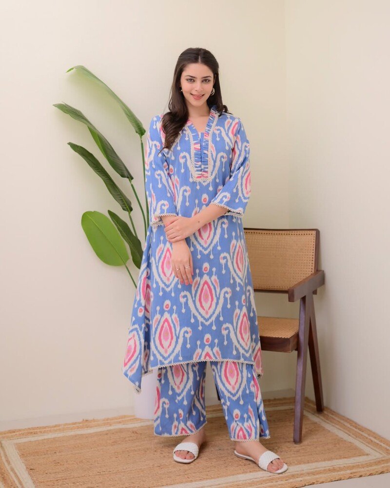 Beautiful Cotton  A-Line Printed Kurta with Pant Set Readymade