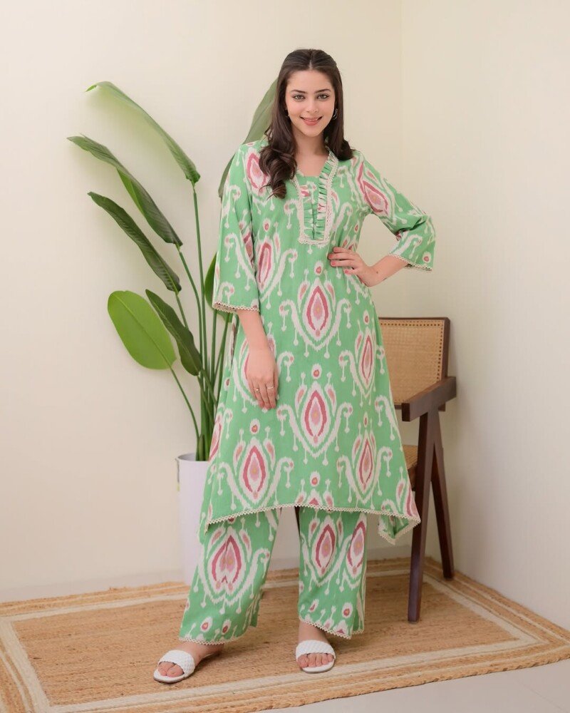 Beautiful Green A-Line Printed Kurta with Pant Set  Readymade