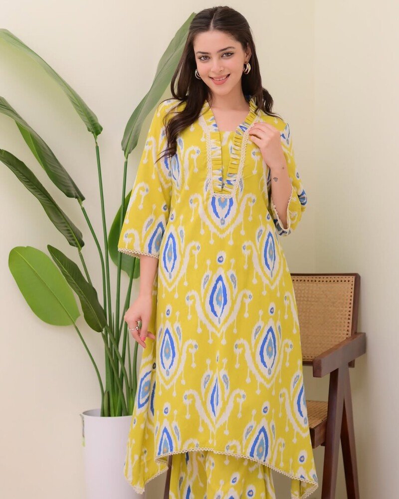 Beautiful Yellow A-Line Printed Kurta with Pant Set  Readymade - Image 3