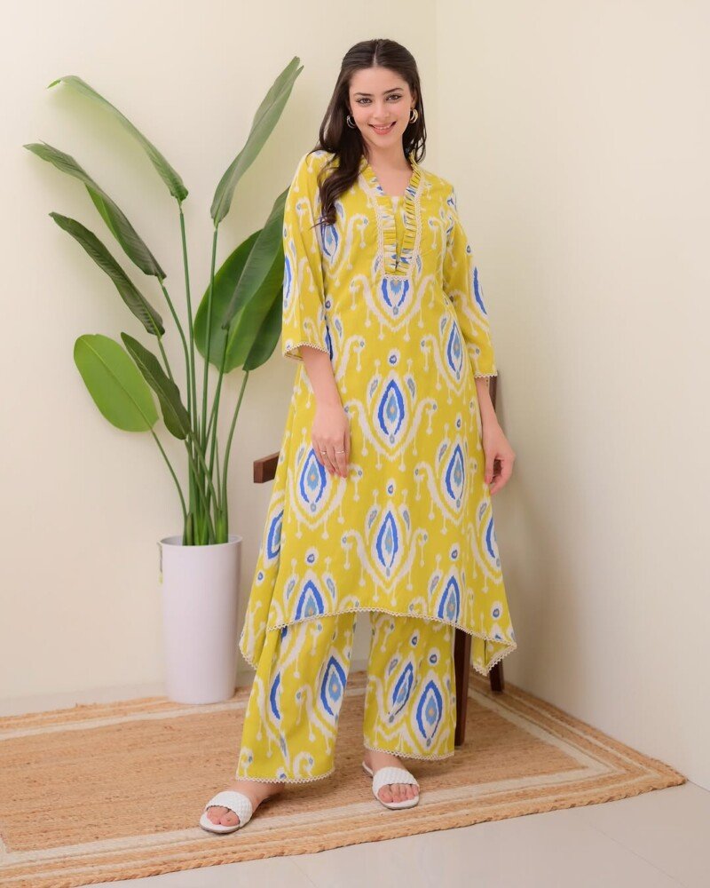 Beautiful Yellow A-Line Printed Kurta with Pant Set  Readymade