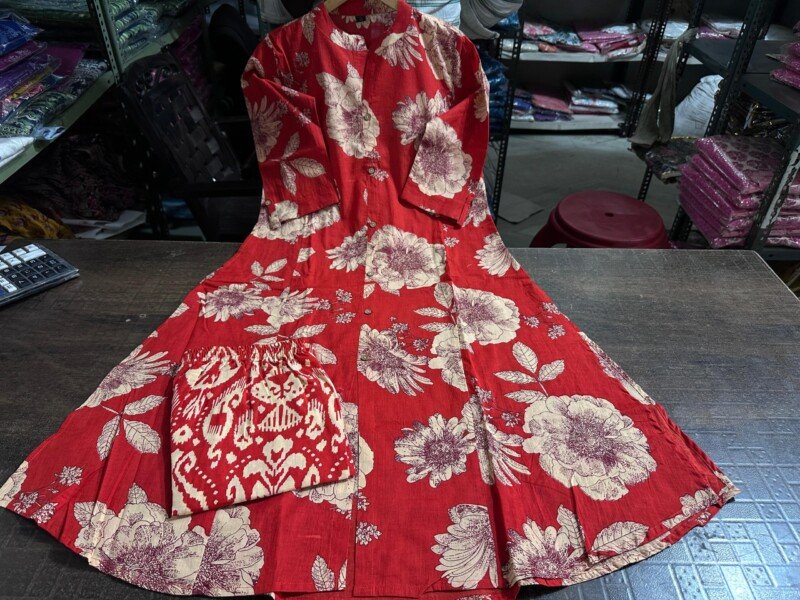 Indian Traditional Floral Printed Cotton  A-line Kurta Suit - Image 6