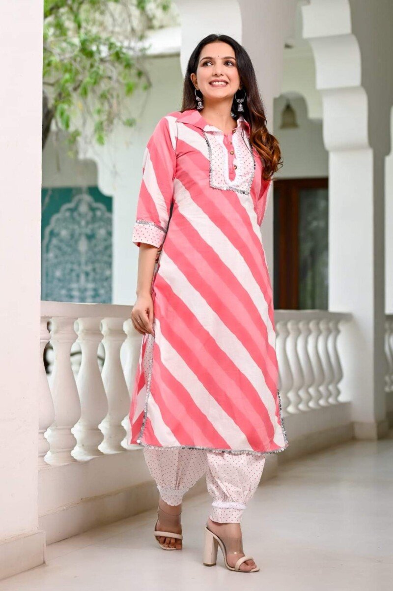 Beautiful Cotton Printed Kurta & Afgani Pant Set For Women/Girls - Image 3