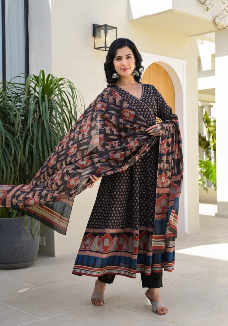 Beautiful Black Printed Cotton Anarkali Kurta Suit  Readymade - Image 2