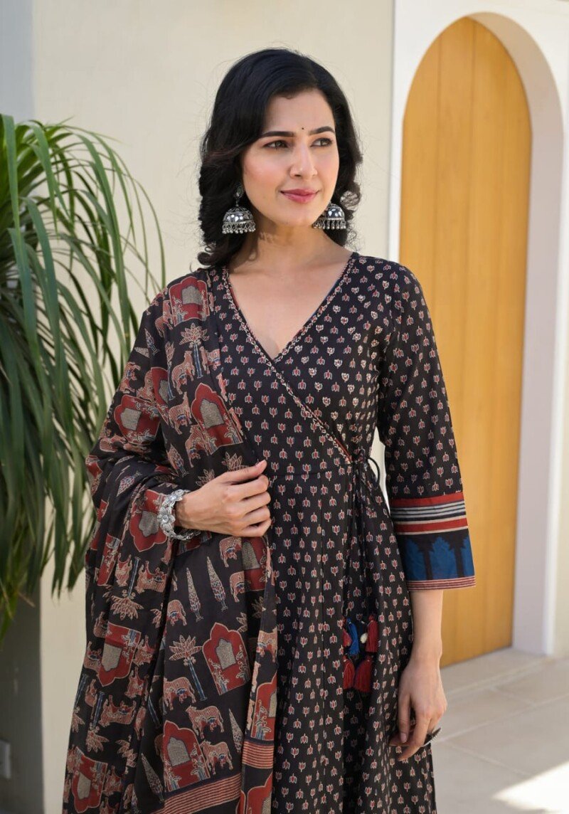 Beautiful Black Printed Cotton Anarkali Kurta Suit  Readymade - Image 3