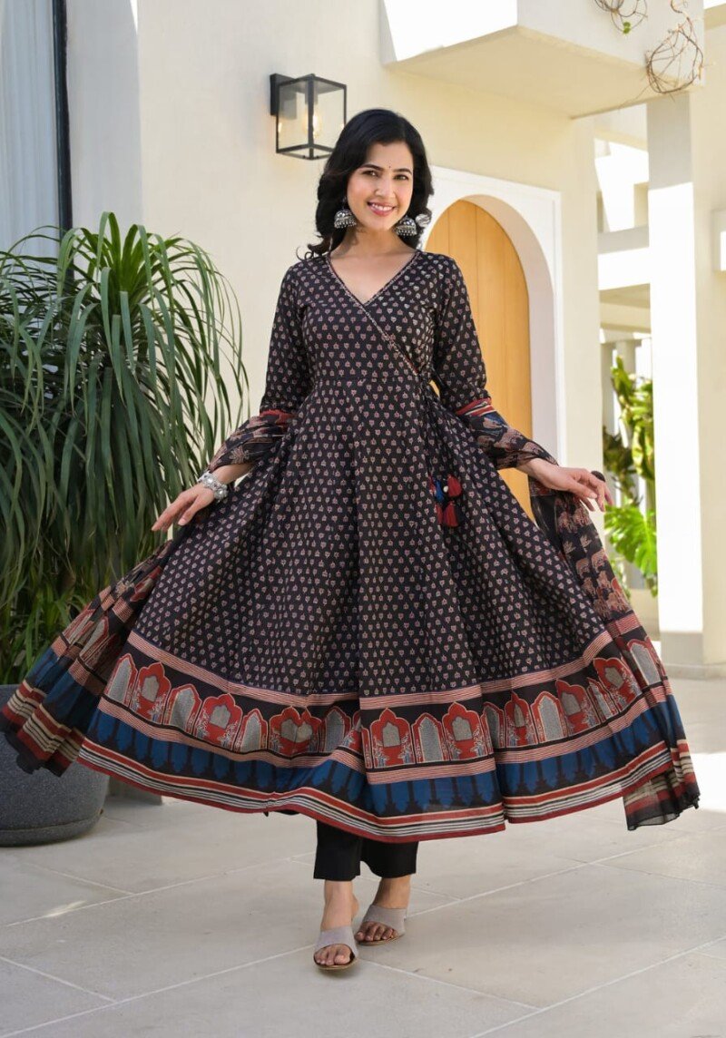 Beautiful Black Printed Cotton Anarkali Kurta Suit  Readymade