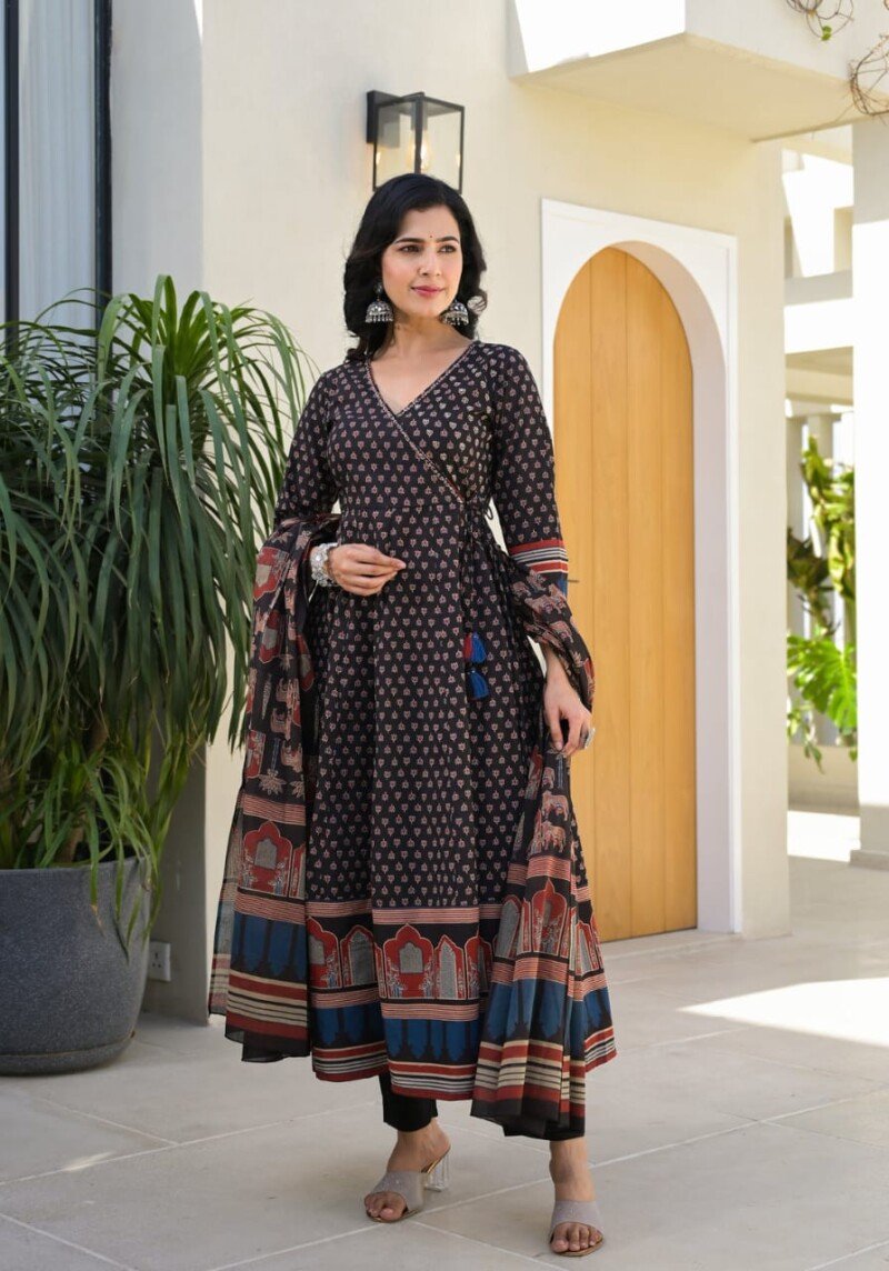 Beautiful Black Printed Cotton Anarkali Kurta Suit  Readymade - Image 5