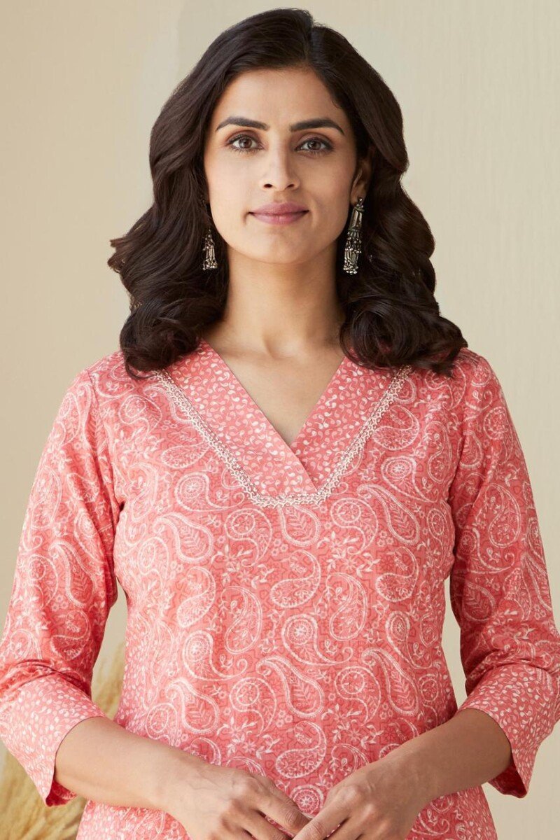 Beautiful Pure Cotton Block Printed Kurta Kurti Set - Image 3