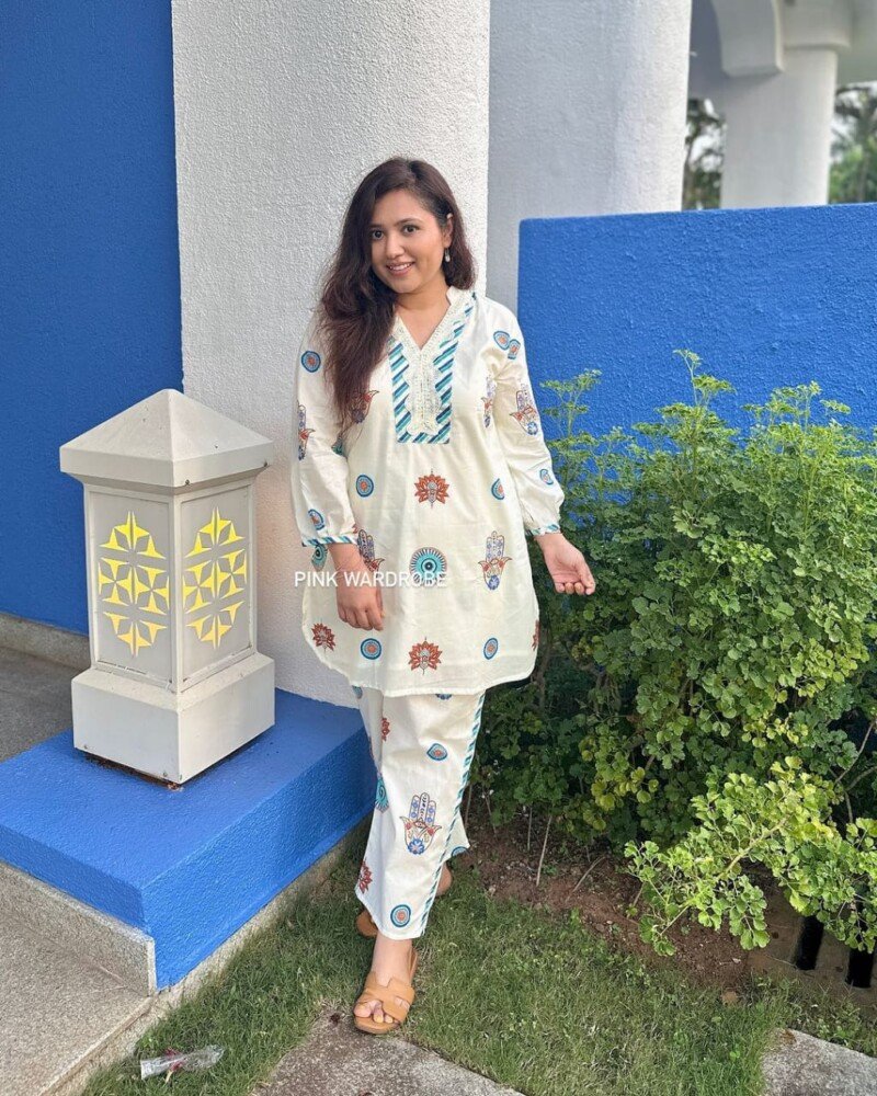 Beautiful White Cotton Printed Cord Set Readymade