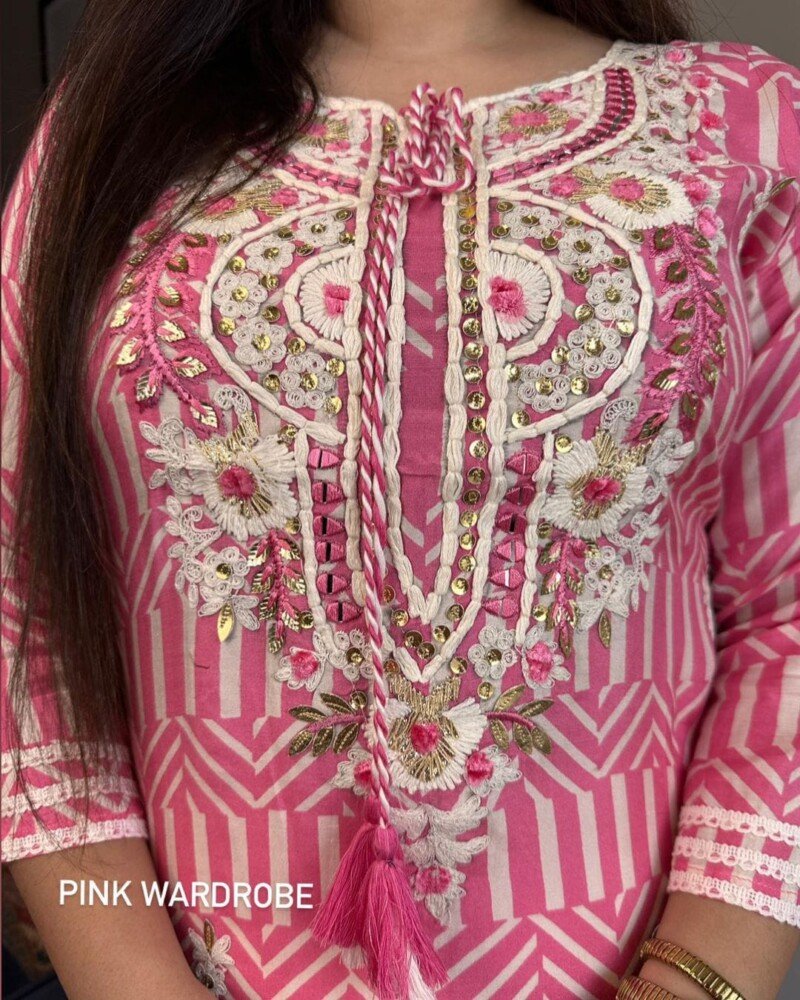 Beautiful Pink Embroidered  Cotton Printed Kurta Pant Set - Image 4