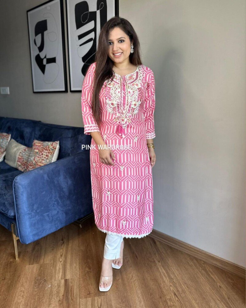 Beautiful Pink Embroidered  Cotton Printed Kurta Pant Set