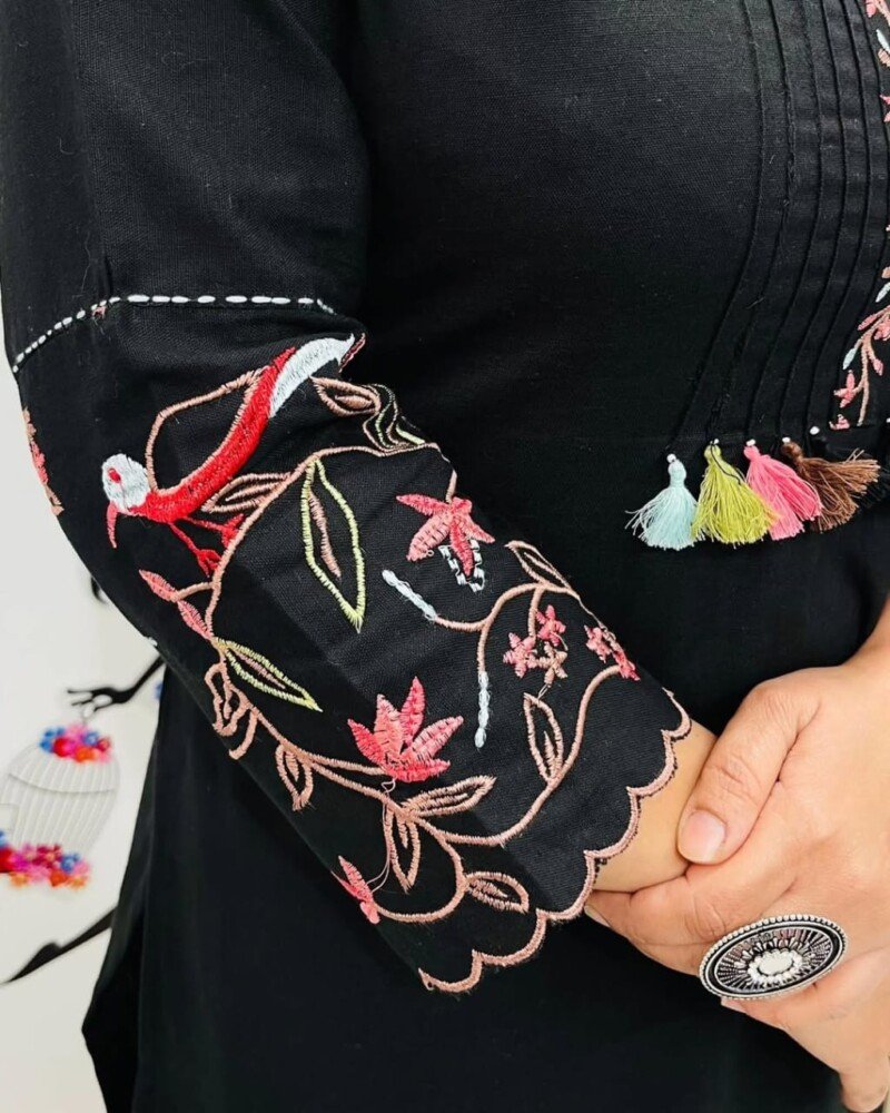 Beautiful Black Embroidered Cotton Printed Kurta Pant Suit - Image 4