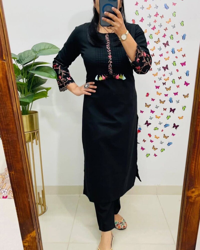 Beautiful Black Embroidered Cotton Printed Kurta Pant Suit