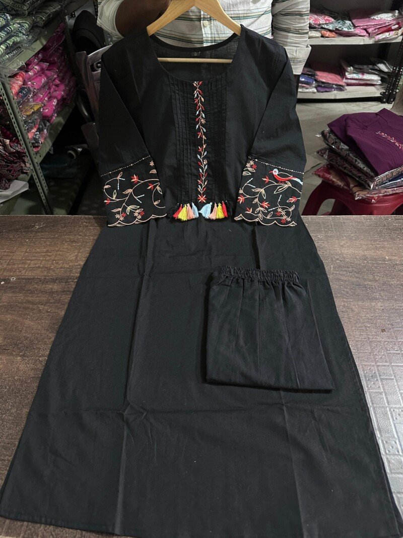 Beautiful Black Embroidered Cotton Printed Kurta Pant Suit - Image 5