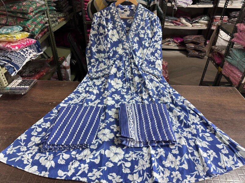 Beautiful Blue Pure Cotton Floral Printed Anarkali Kurti Set - Image 3