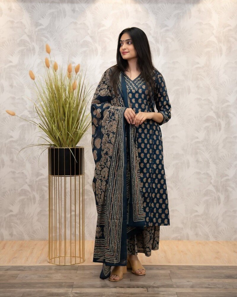 Beautiful Blue Hand Block Printed Cotton 3p. Suit Stitched - Image 5