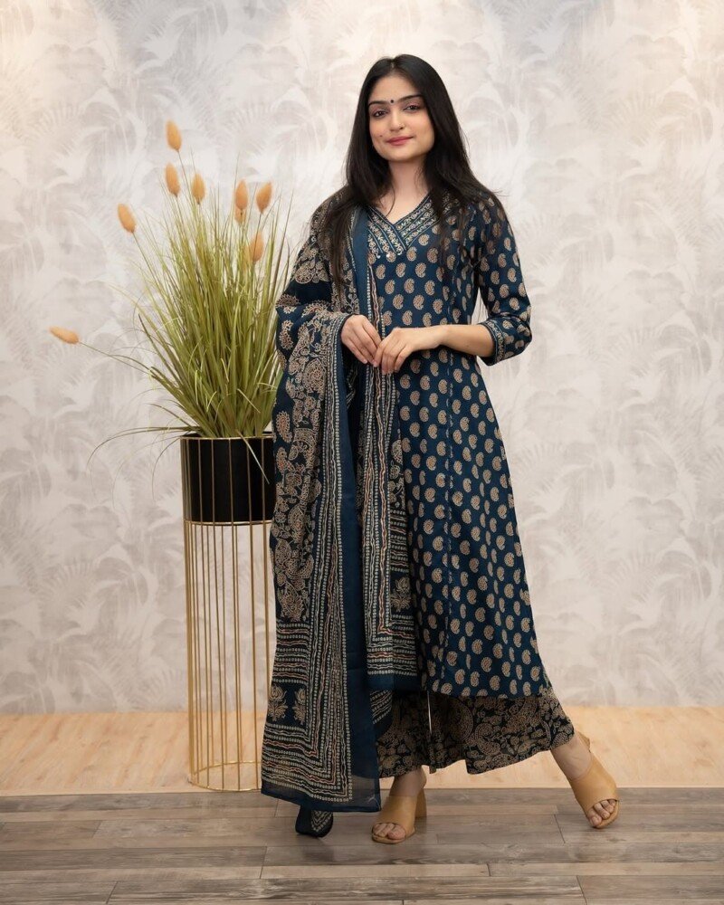 Beautiful Blue Hand Block Printed Cotton 3p. Suit Stitched - Image 4