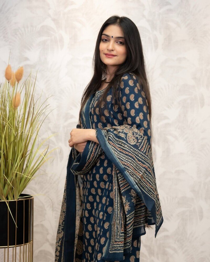 Beautiful Blue Hand Block Printed Cotton 3p. Suit Stitched - Image 3