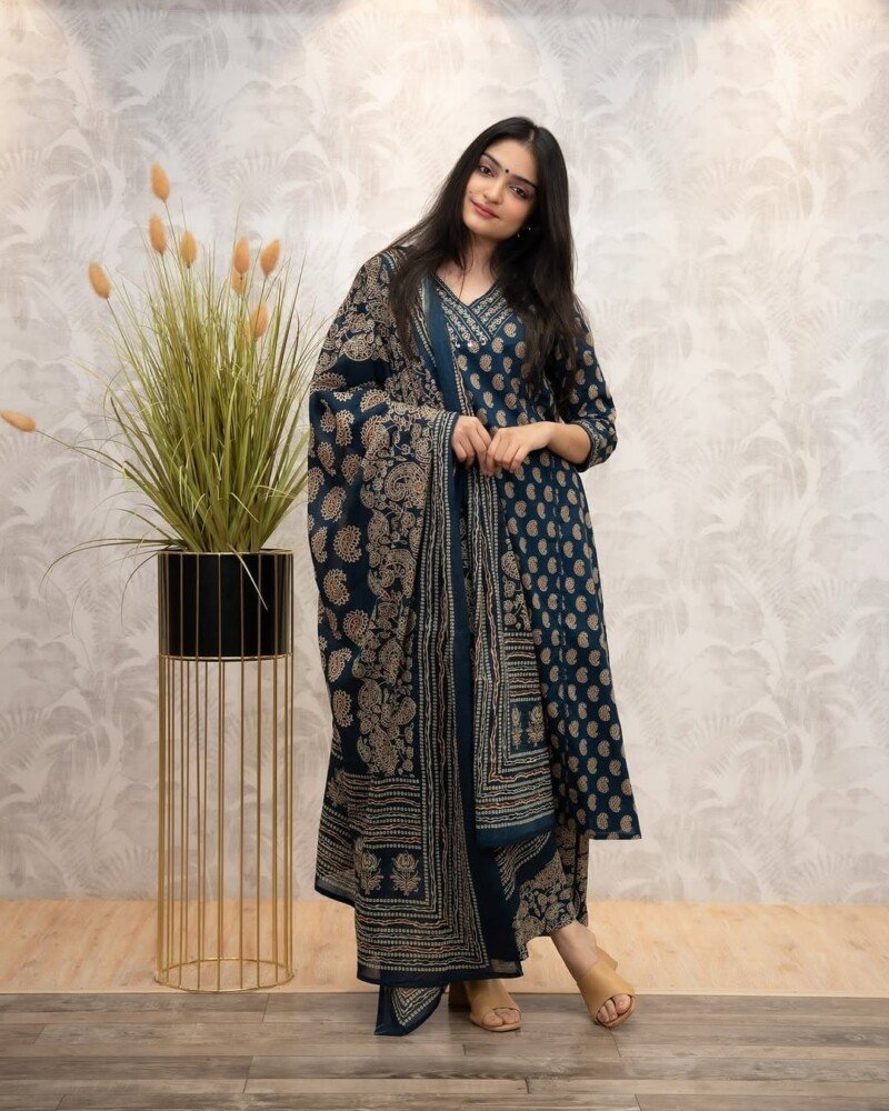 Beautiful Blue Hand Block Printed Cotton 3p. Suit Stitched