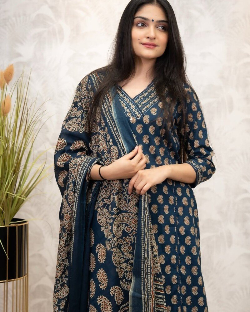 Beautiful Blue Hand Block Printed Cotton 3p. Suit Stitched - Image 6