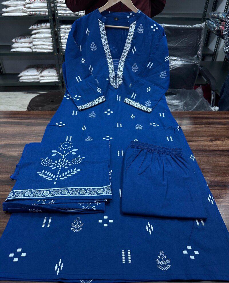 Pure Cotton Hand Block Printed Blue Kurta With Pant Suit - Image 3
