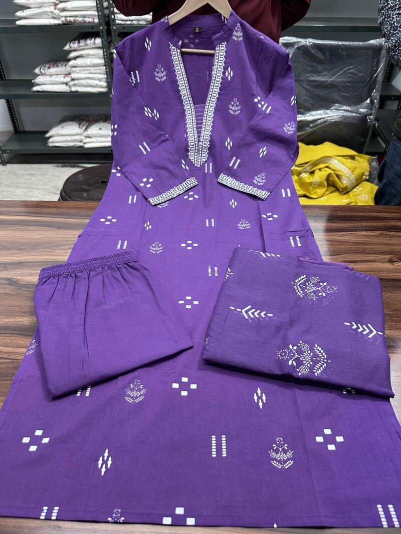 Pure Cotton Hand Block Printed Purple Kurta With Pant Suit - Image 3