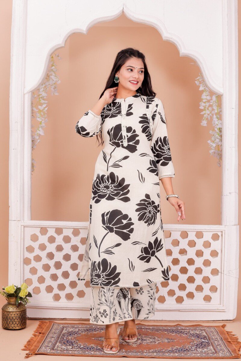 Beautiful White Pure Cotton HandBlock Printed Kurta Pant Set