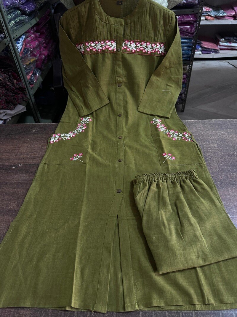 Beautiful Green Pure Cotton Embroidered Kurta Pant Set - Image 4