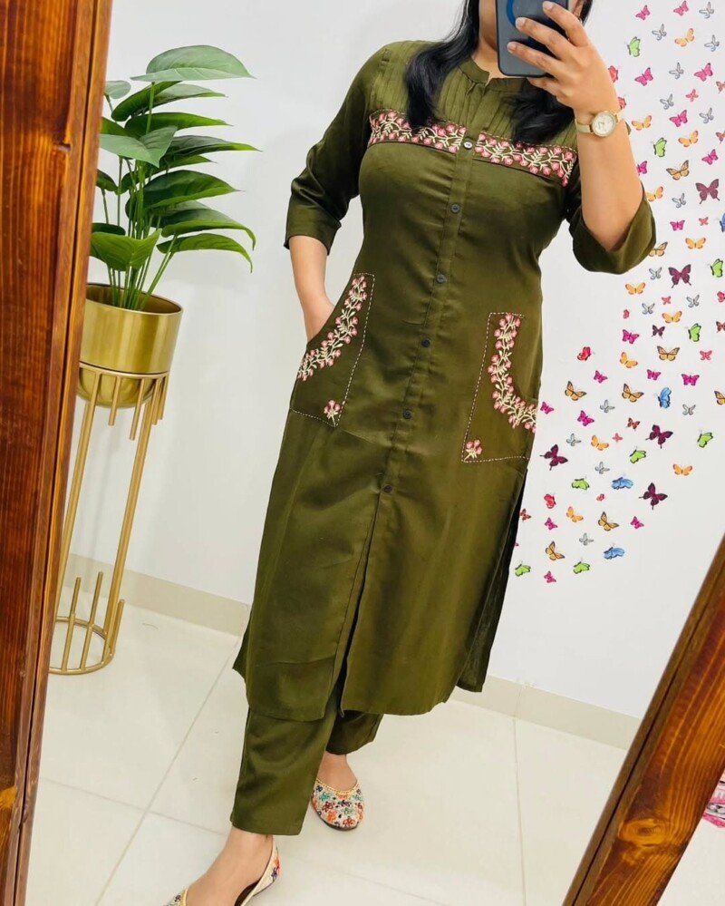 Beautiful Green Pure Cotton Embroidered Kurta Pant Set