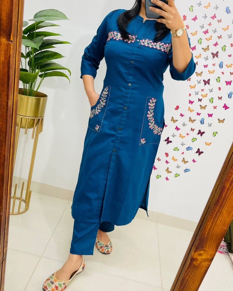 Beautiful Blue Pure Cotton Embroidered Kurta Pant Set
