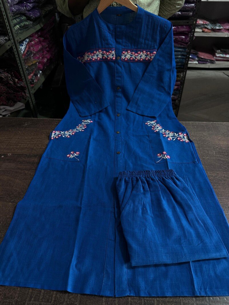 Beautiful Blue Pure Cotton Embroidered Kurta Pant Set - Image 4