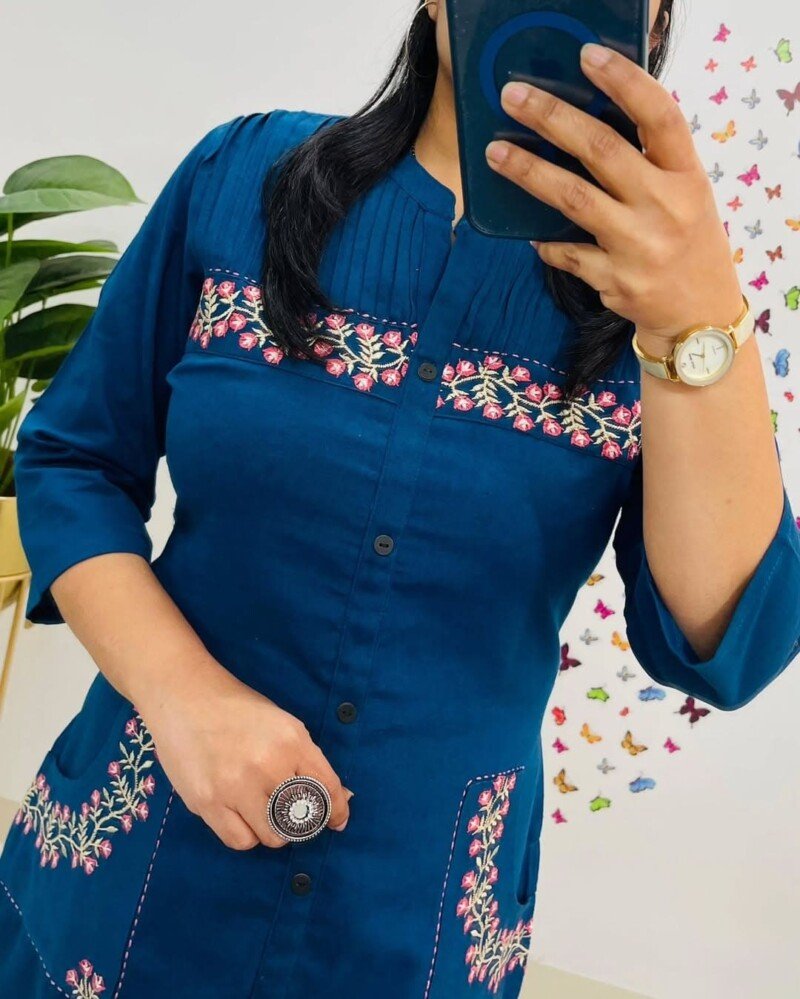 Beautiful Blue Pure Cotton Embroidered Kurta Pant Set - Image 3
