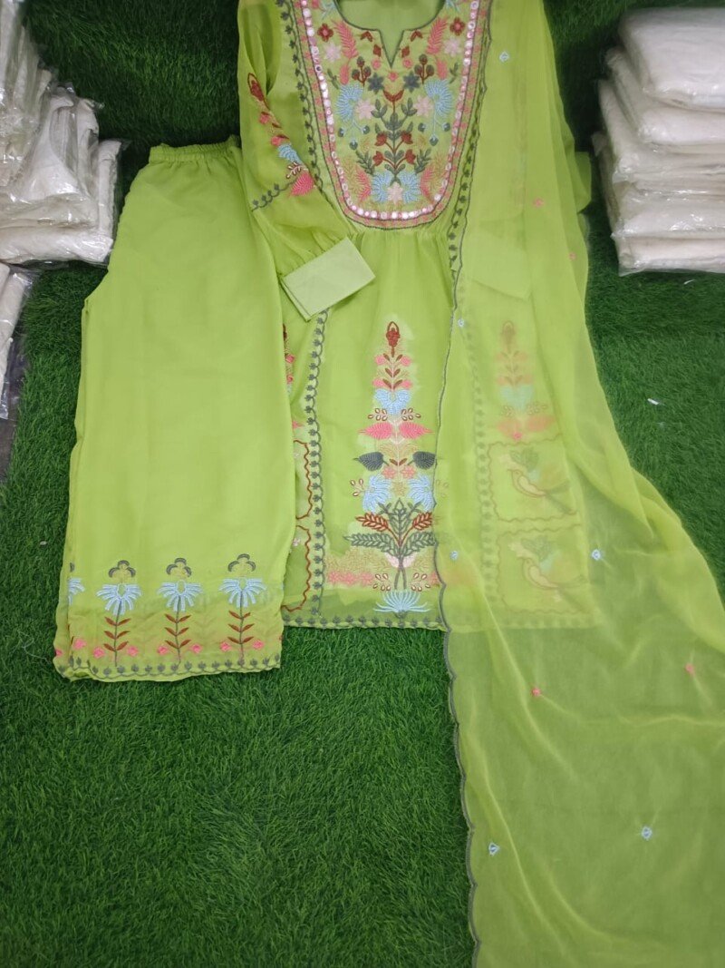 Beautiful Green Embroidered Georgette Kurta Sharara Suit - Image 3