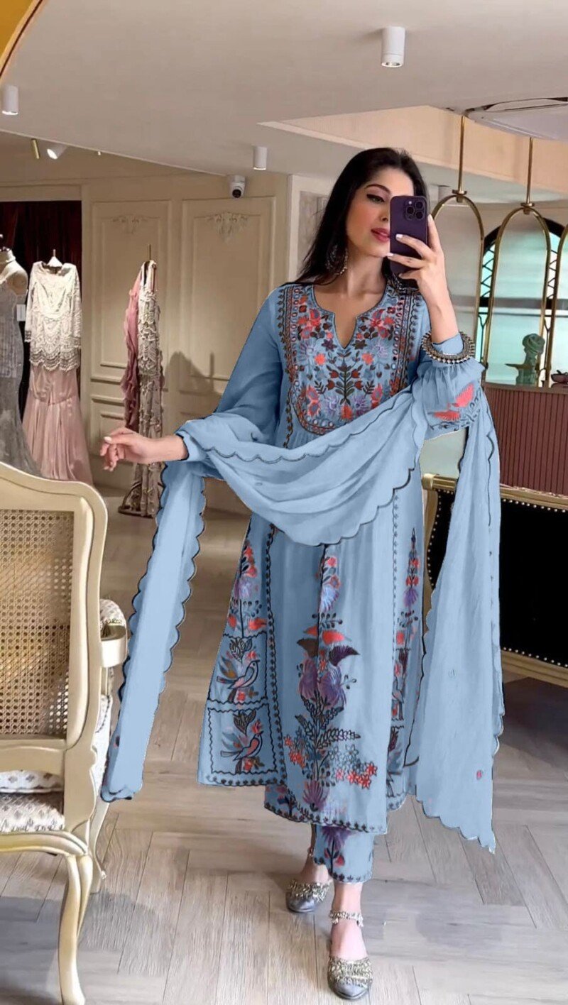 Beautiful Grey  Embroidered Georgette Kurta Sharara Suit