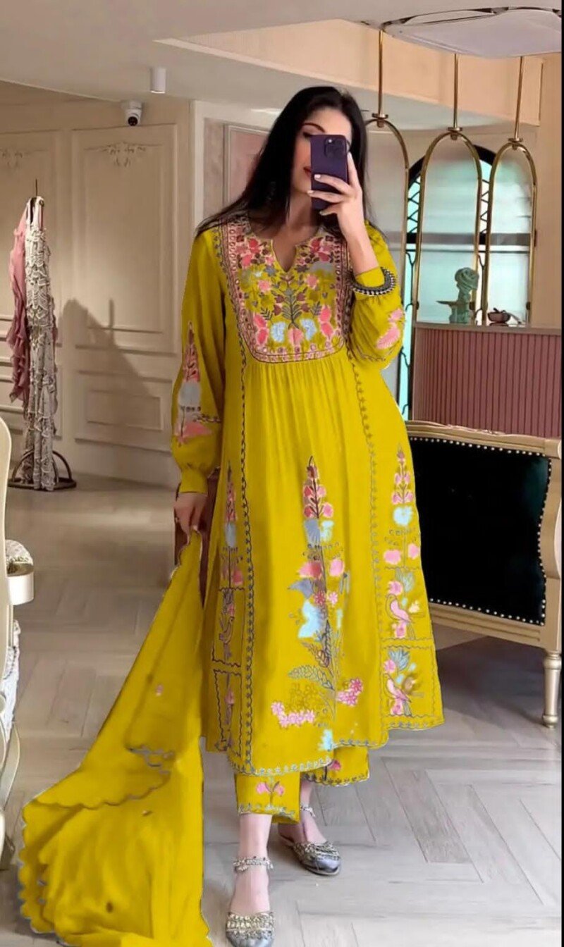 Beautiful  Embroidered Yellow Georgette Kurta Sharara Suit