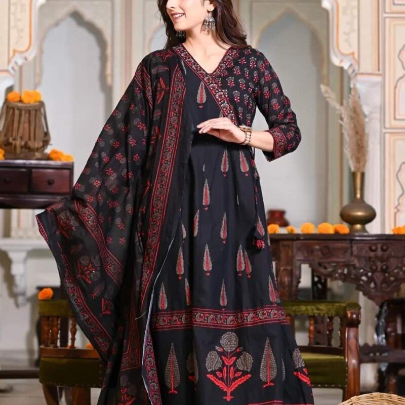 Beautiful Black Cotton Anarkali Kurta With Block Print